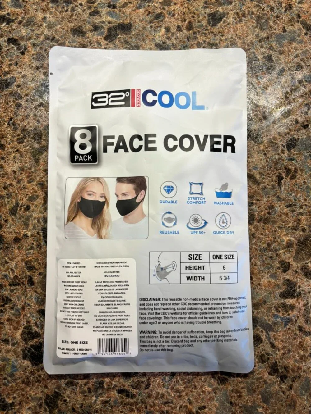 New 32 Degrees Cool 8 Pack Adult Fabric Face Covers Unisex Black Grey Camo Blue